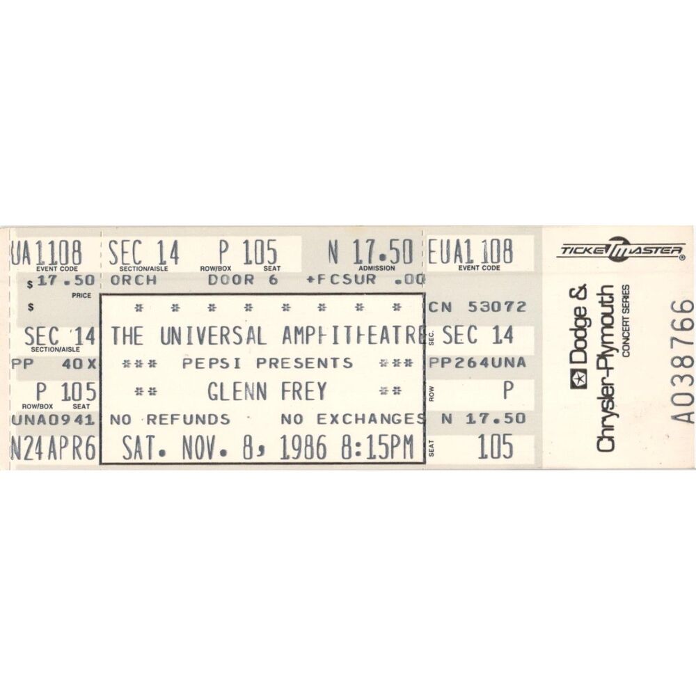 Vintage 1986 Glenn Frey Complete Ticket Stub Universal City CA